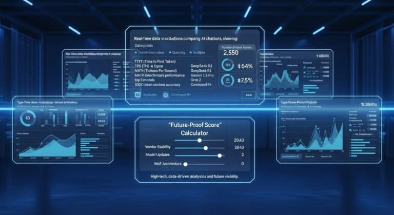 AI chatbot comparison for 2026. Charts display data, vendor stability, and "future-proof" scores.